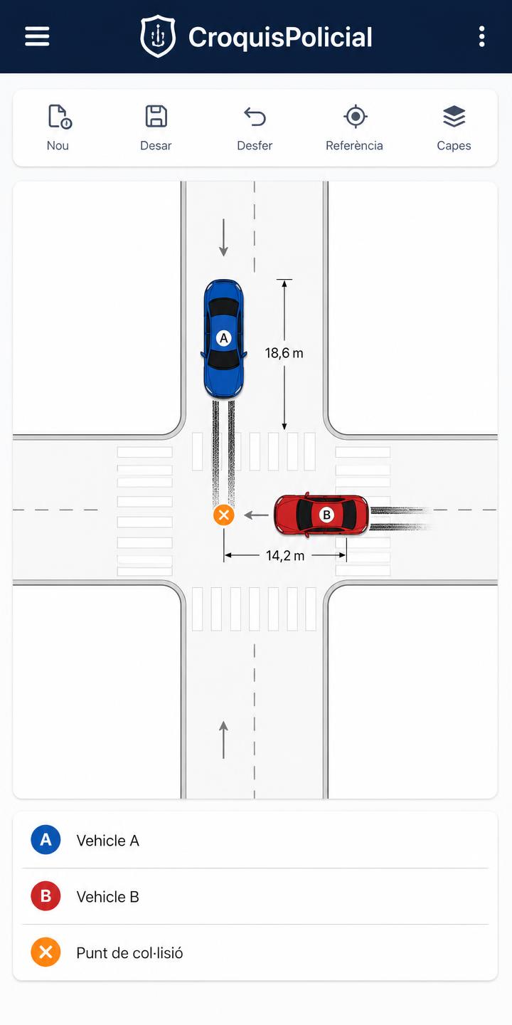 Pantalla de l'app CroquisPolicial amb el croquis vectorial d'una intersecció