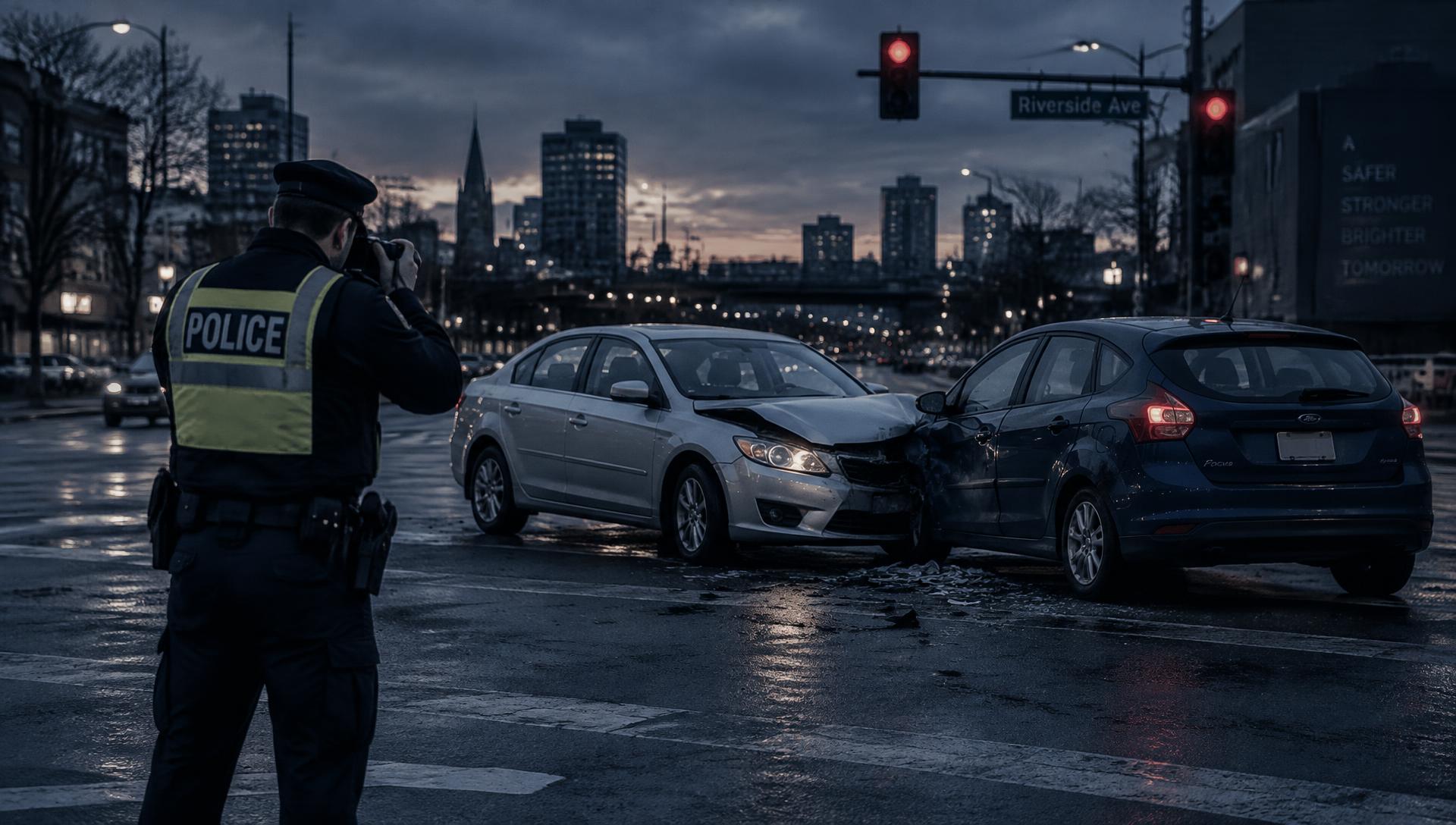Agent de policia documentant un accident de trànsit amb el mòbil
